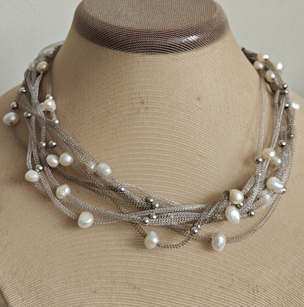 925 Silver Italy 10 Woven Mesh Round Chains Necklace With Genuine Pearls